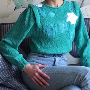 Green Vintage floral appliqué and sequin sweater